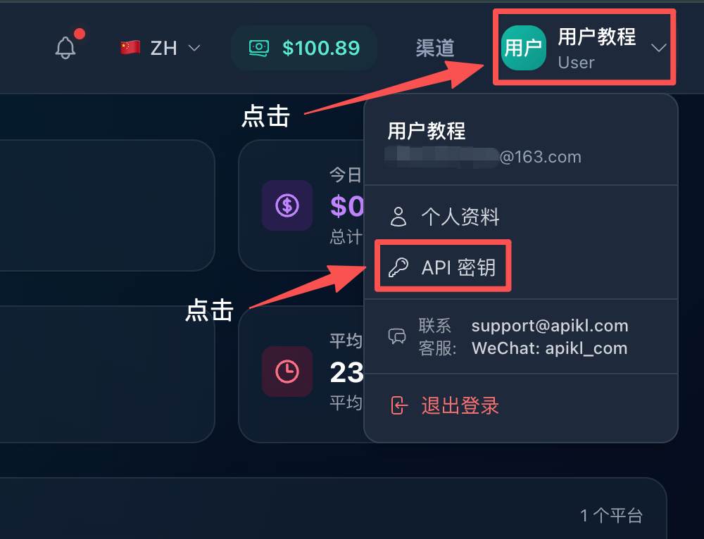 API 快连控制台右上角用户菜单中的 API 密钥入口