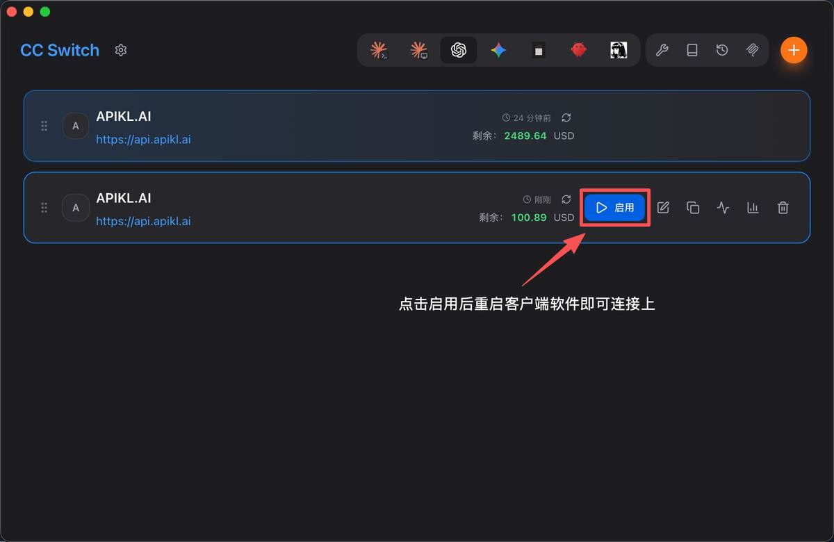 CC Switch 供应商列表中的启用按钮