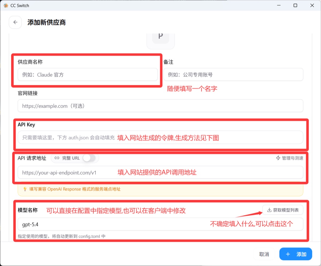 CC Switch 供应商表单，逐项红框标注供应商名称、API Key、API 请求地址、模型名称
